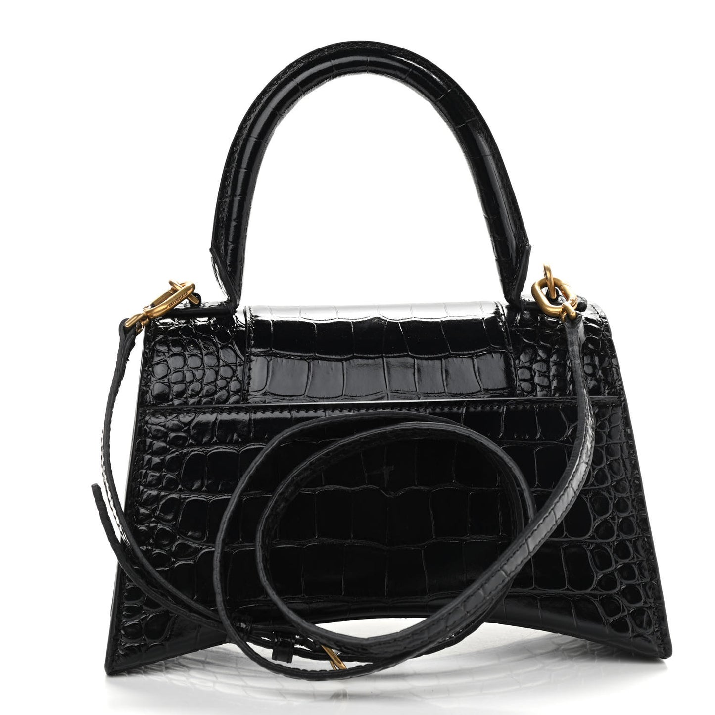 Shiny Calfskin Crocodile Embossed Small Hourglass Top Handle Bag Black