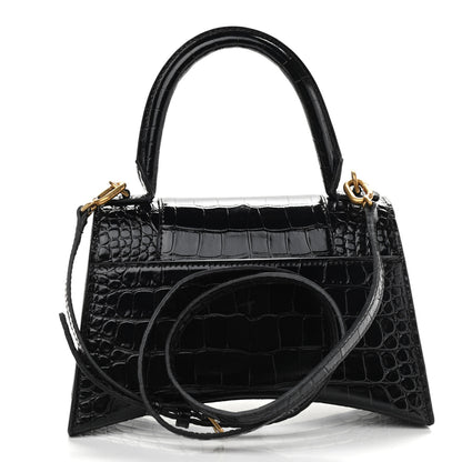 Balenciaga Shiny Calfskin Crocodile Embossed Small Hourglass Top Handle Bag Black 2 of 10