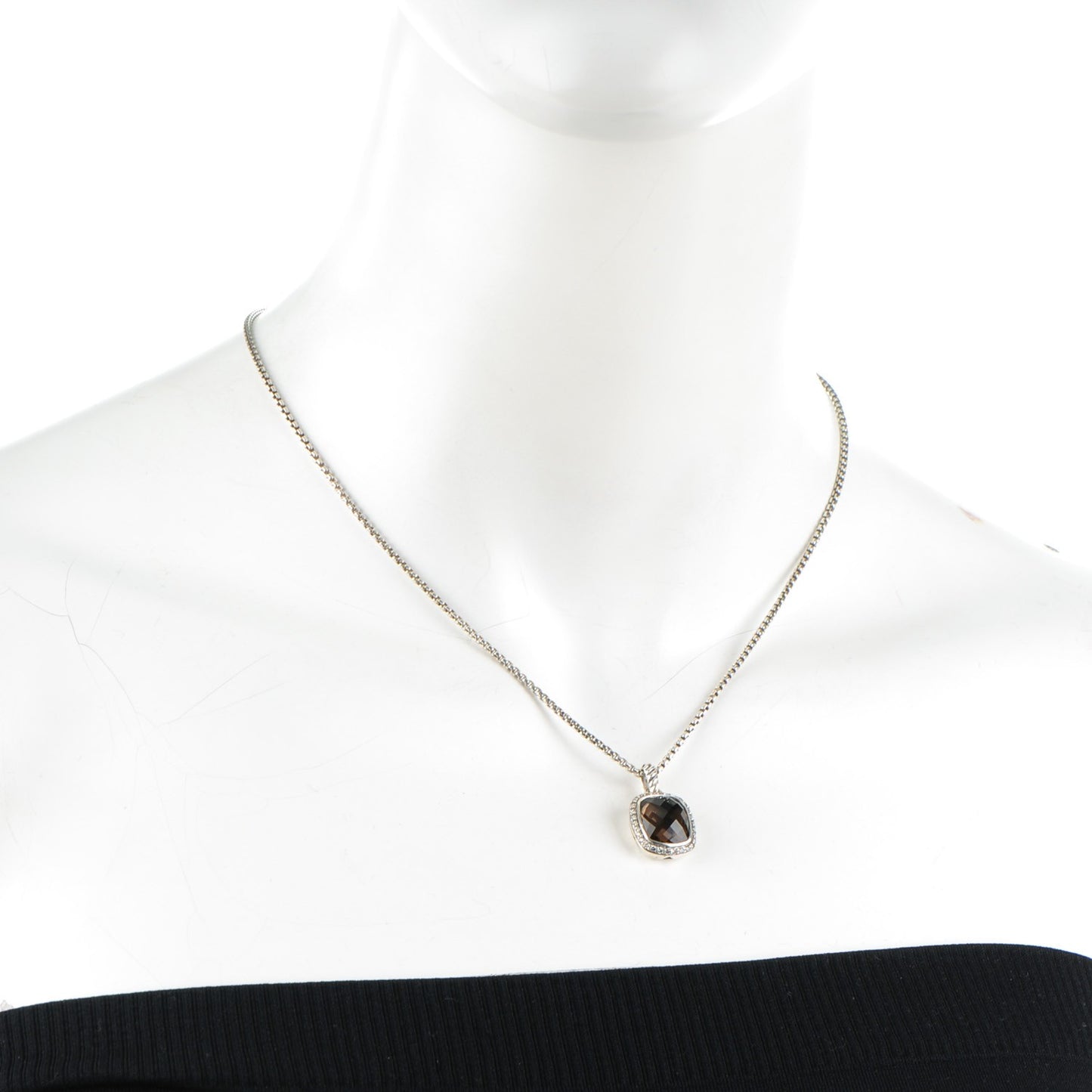 Sterling Silver Pave Diamond Smoky Quartz 12mm Noblesse Pendant Necklace