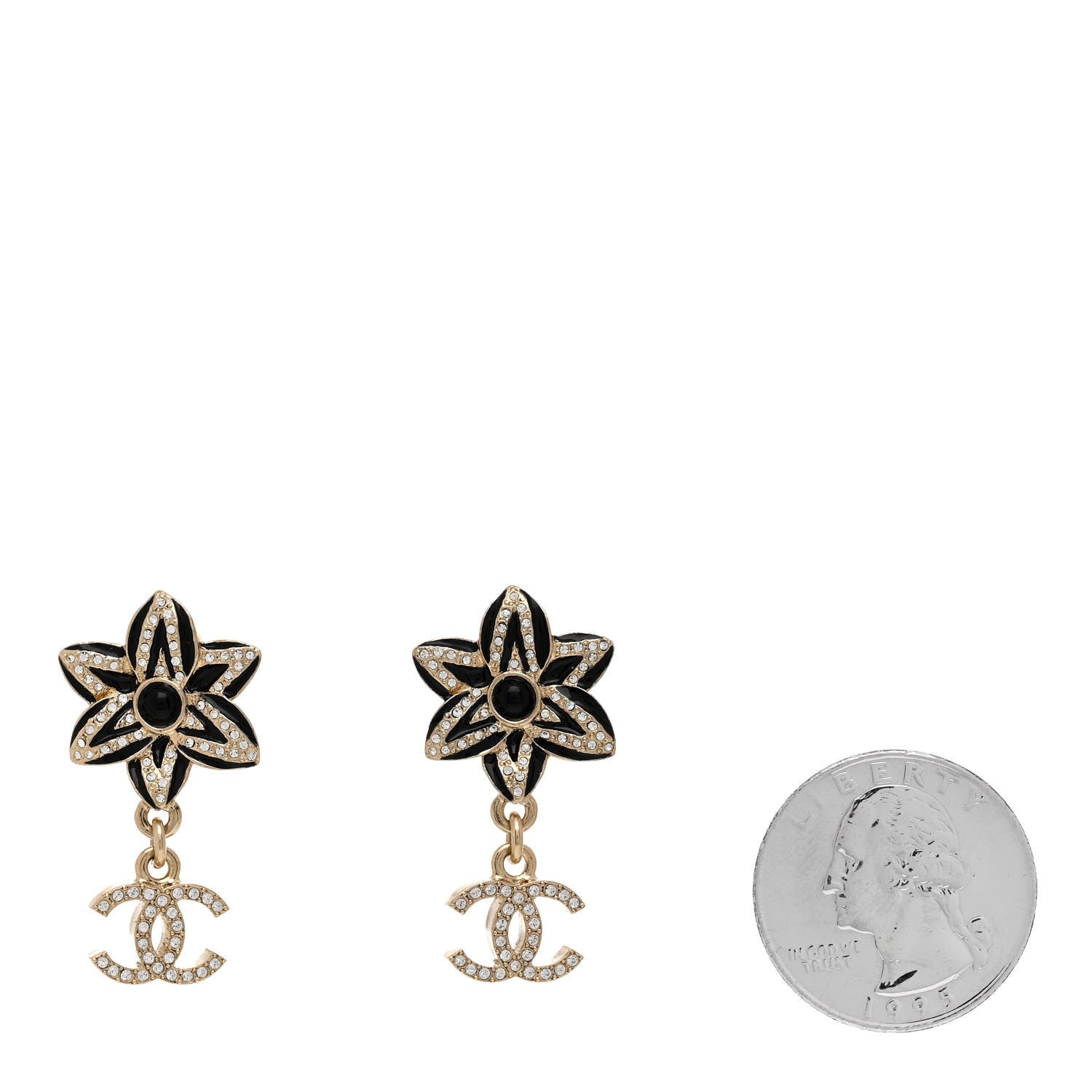 Chanel Enamel Crystal CC Camellia Flower Earrings Gold Black 2 of 5