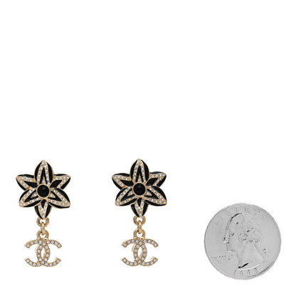 Chanel Enamel Crystal CC Camellia Flower Earrings Gold Black 2 of 5
