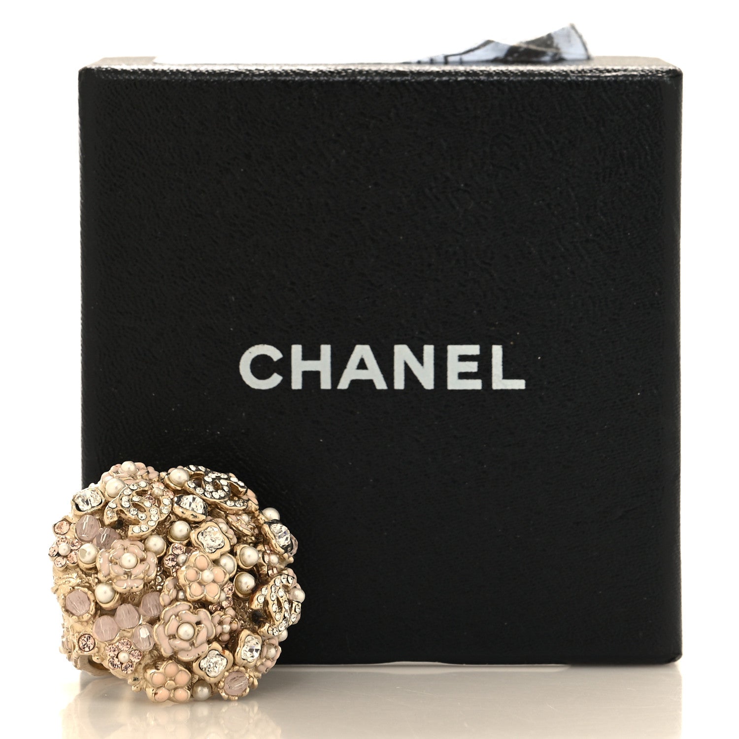 Chanel Pearl Crystal Camellia CC Ring 52 6 Gold Pink 5 of 5