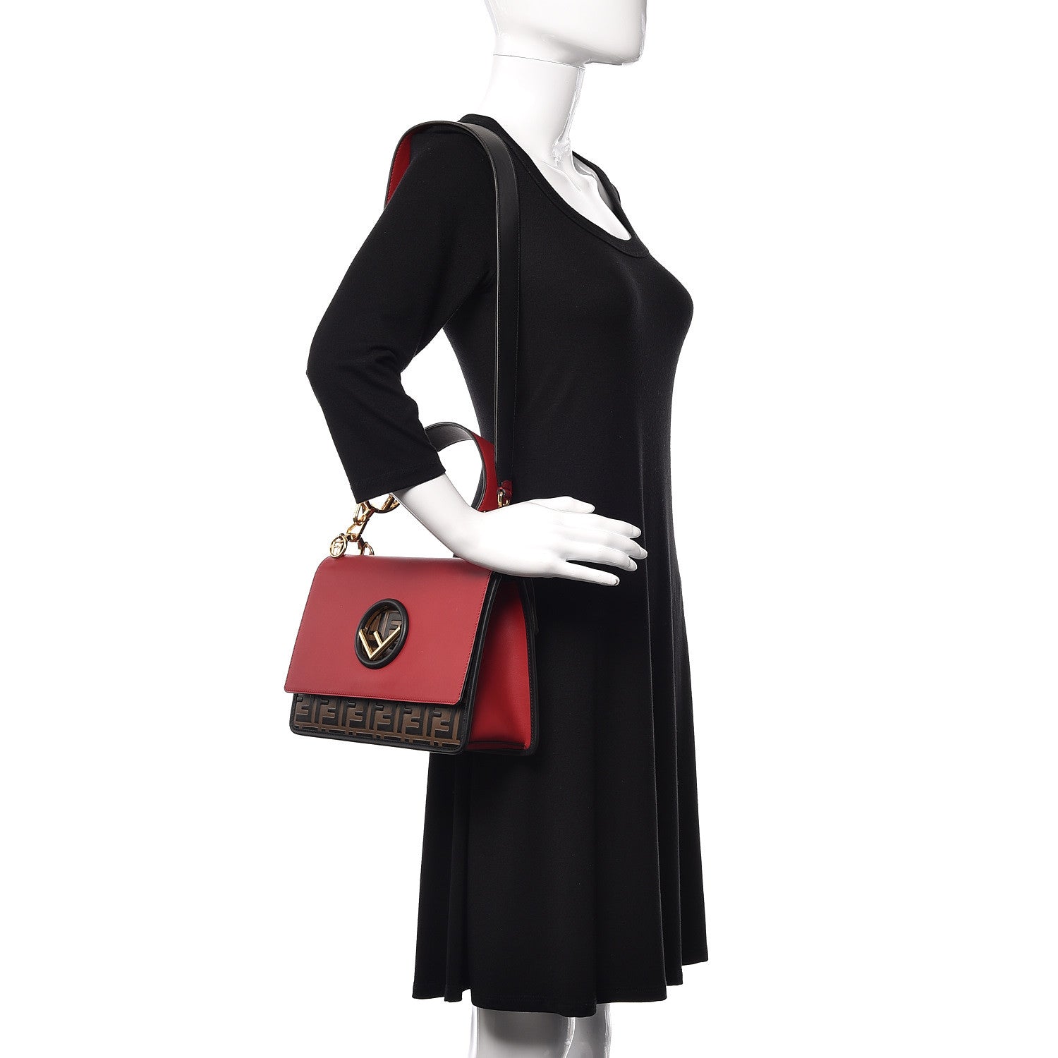 Fendi Vitello Century F is Fendi Bi-Color FF 1974 Embossed Kan I Shoulder Bag Fragola Maya Black 2 of 14
