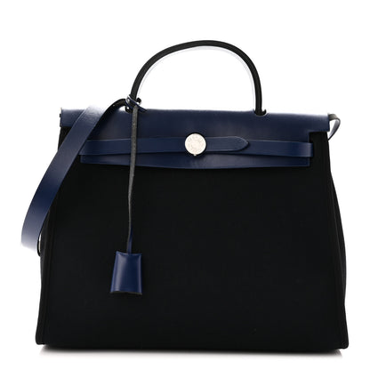 Hermes Military Toile Vache Hunter Herbag Zip 31 PM Black Bleu Saphir 1 of 12