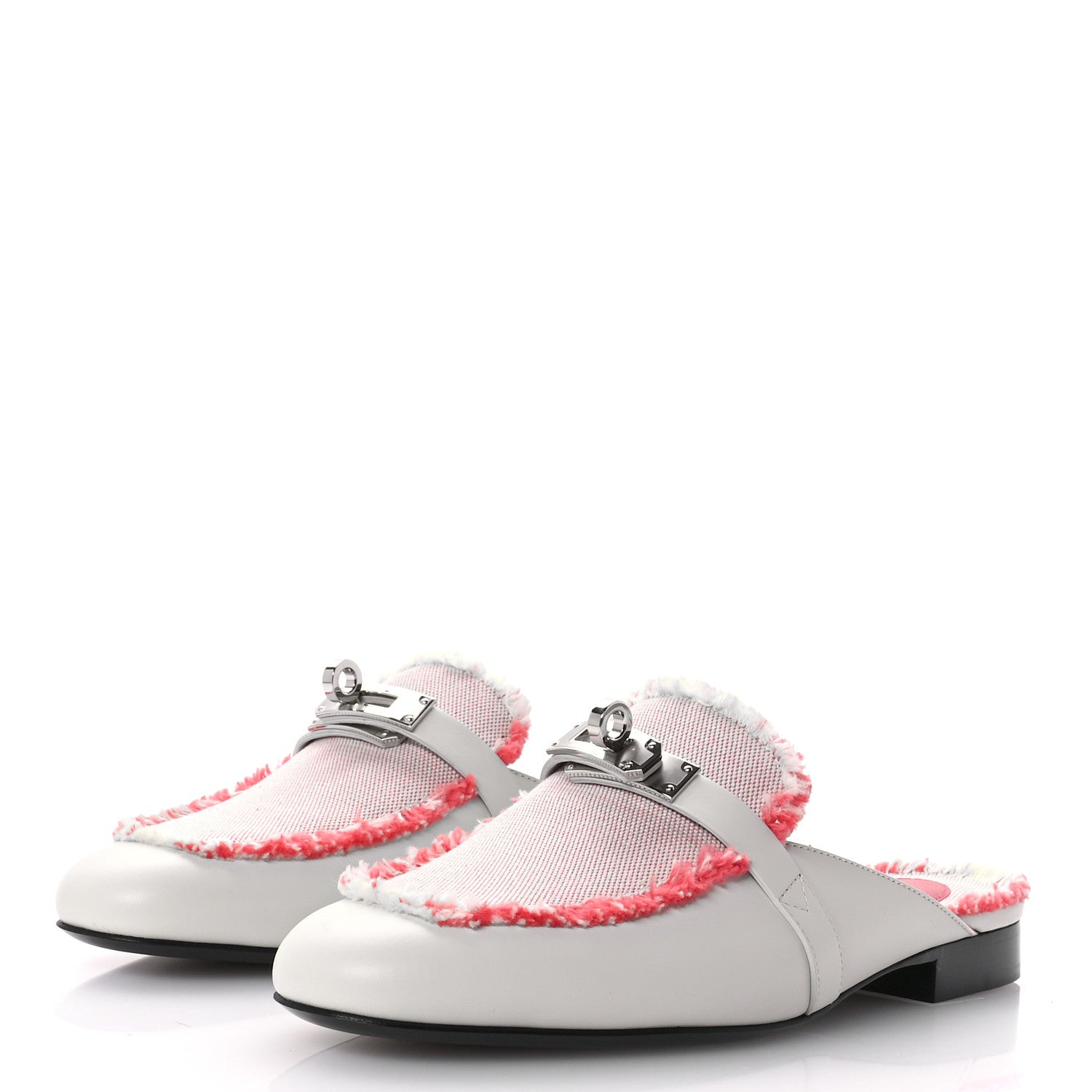 Hermes Calfskin Fringed H Canvas Oz Mules 35 Beige Glaise Framboise 3 of 9