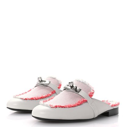 Hermes Calfskin Fringed H Canvas Oz Mules 35 Beige Glaise Framboise 3 of 9