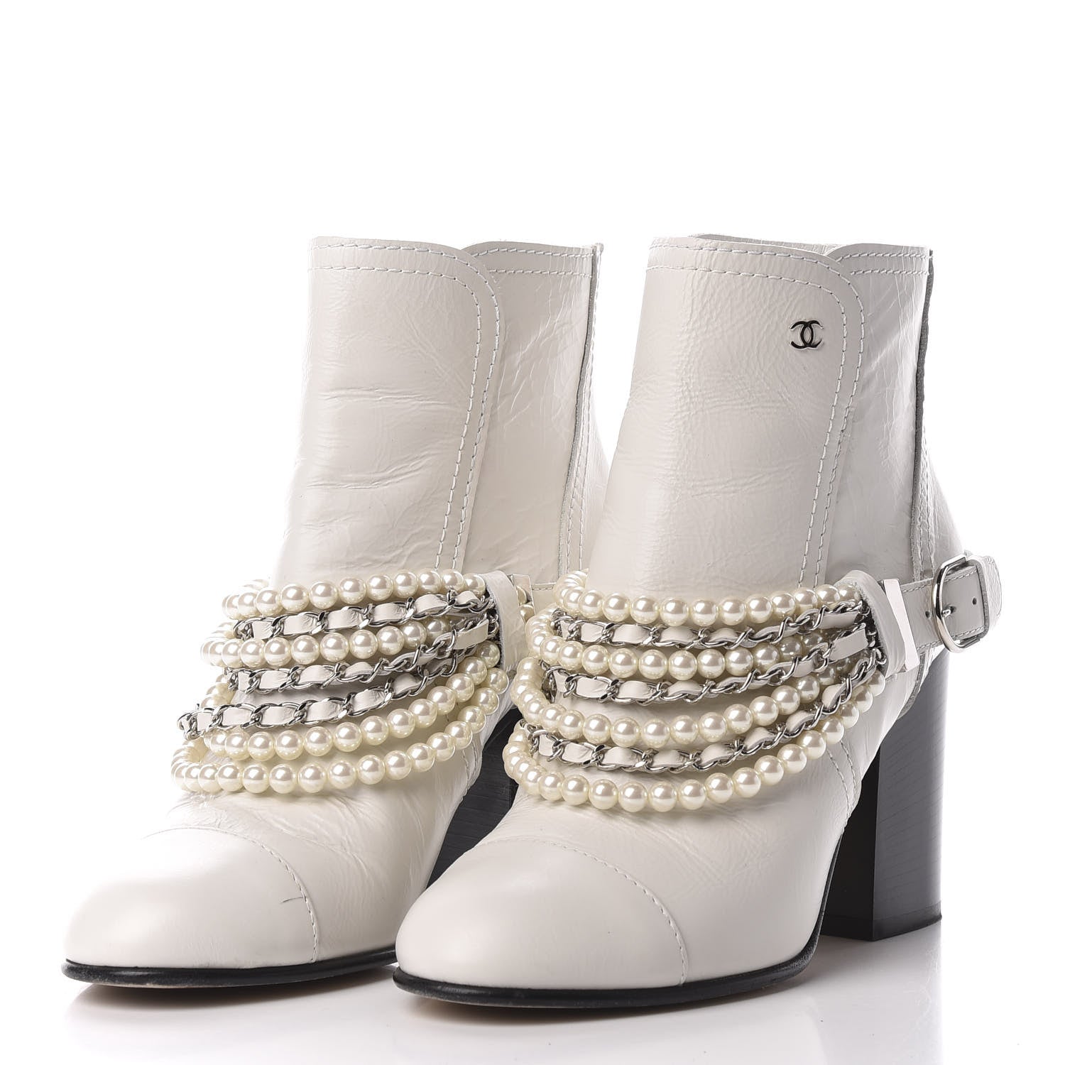Chanel Crackled Calfskin Pearl Chain CC Short Boots 38.5 White 2 of 10