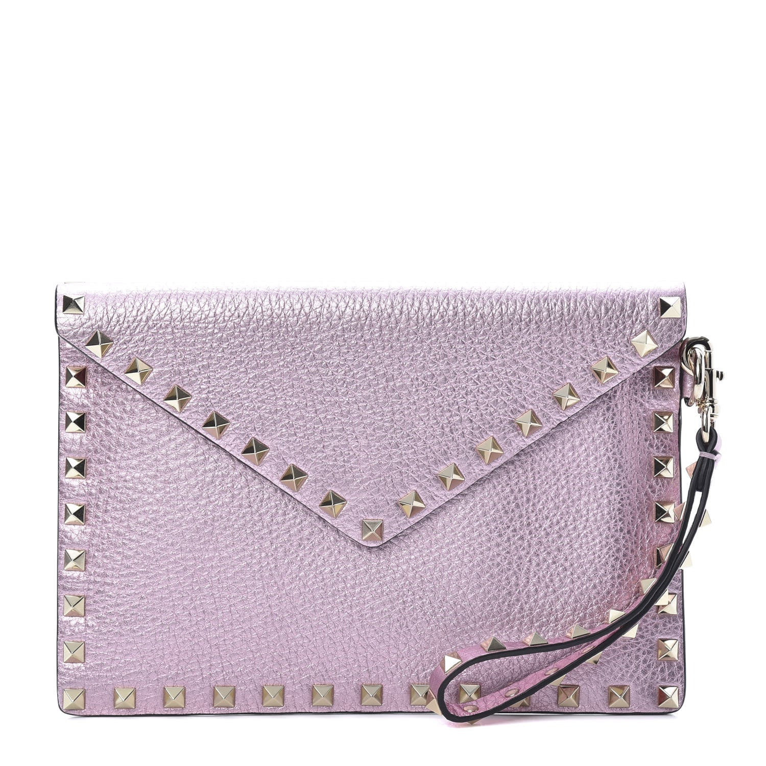 Valentino Garavani Metallic Pebbled Calfskin Medium Rockstud Envelope Flat Wristlet Pouch Giacinto 1 of 6