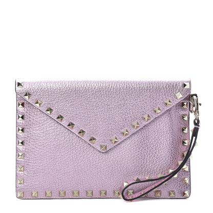 Valentino Garavani Metallic Pebbled Calfskin Medium Rockstud Envelope Flat Wristlet Pouch Giacinto 1 of 6