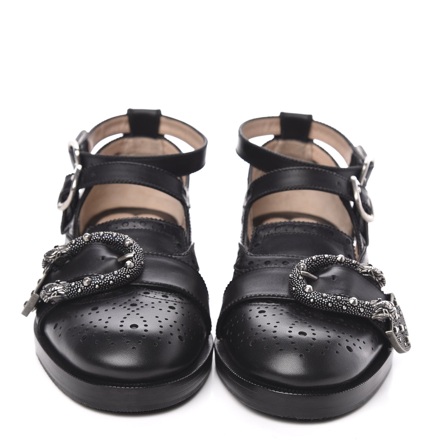 Gucci Calfskin Bee Embroidered Womens Queercore Brogue Wingtip Monk Strap Loafers 37 Black 2 of 8