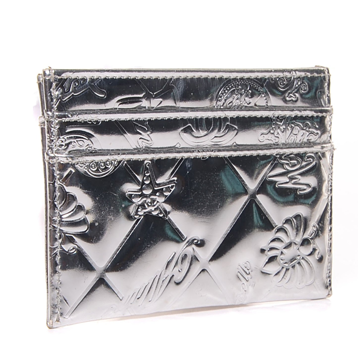 Patent Calfskin Lucky Symbols Card Holder Case Silver