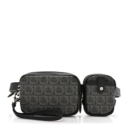 Salvatore Ferragamo Gancini Monogram Calfskin Multi-Pouch Travel Belt Bag Black Grey 1 of 10