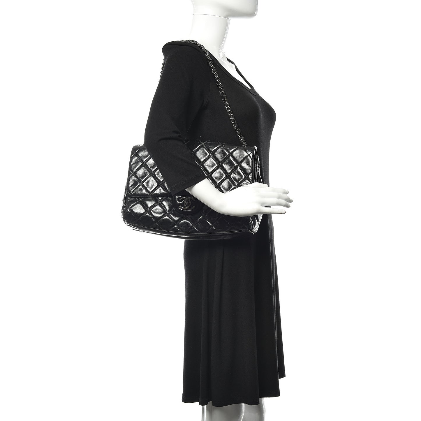 Glazed Calfskin Quilted Large Coco Soft Flap Black