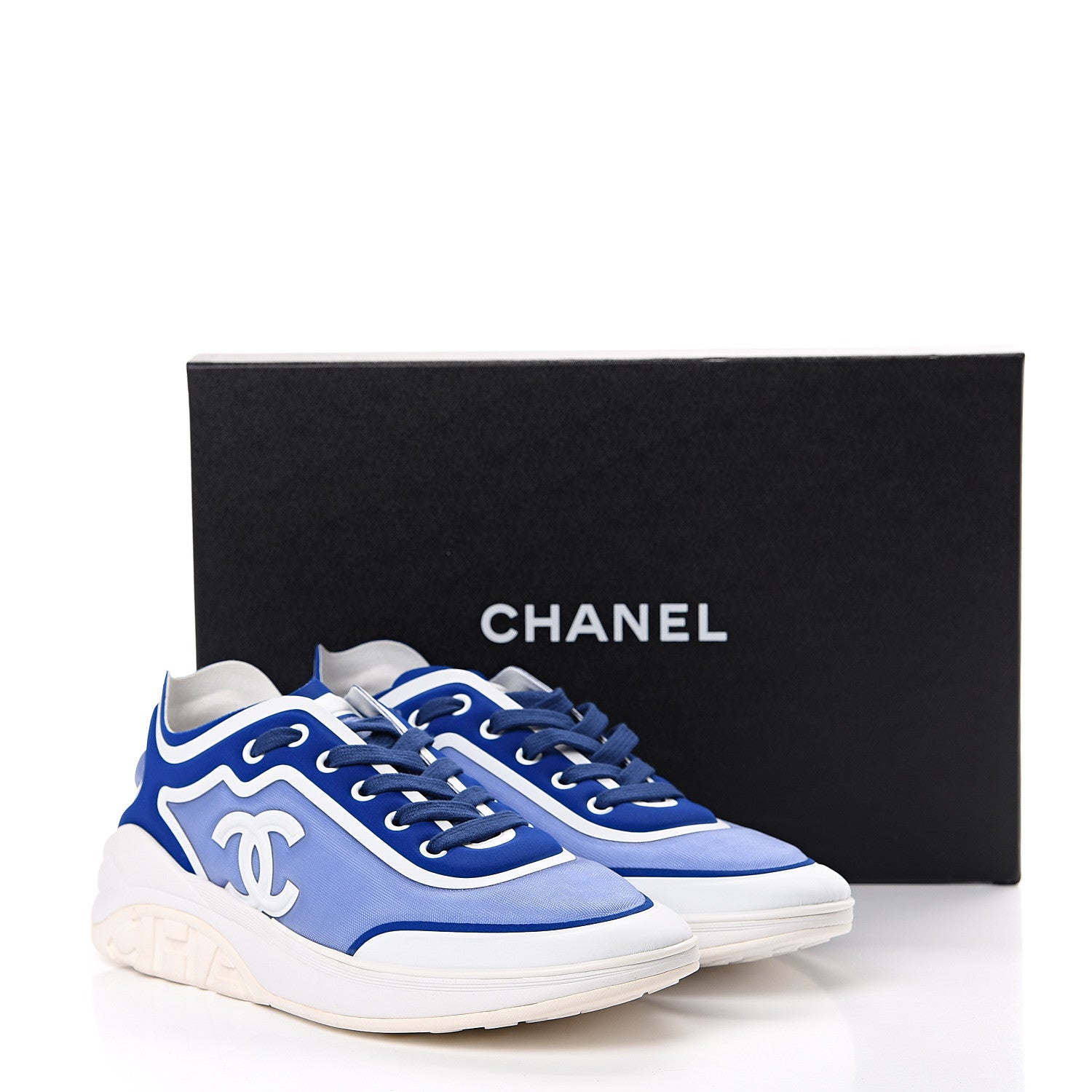 Chanel Calfskin Mesh Lycra Womens Logo Sneakers 39 White Blue 7 of 7