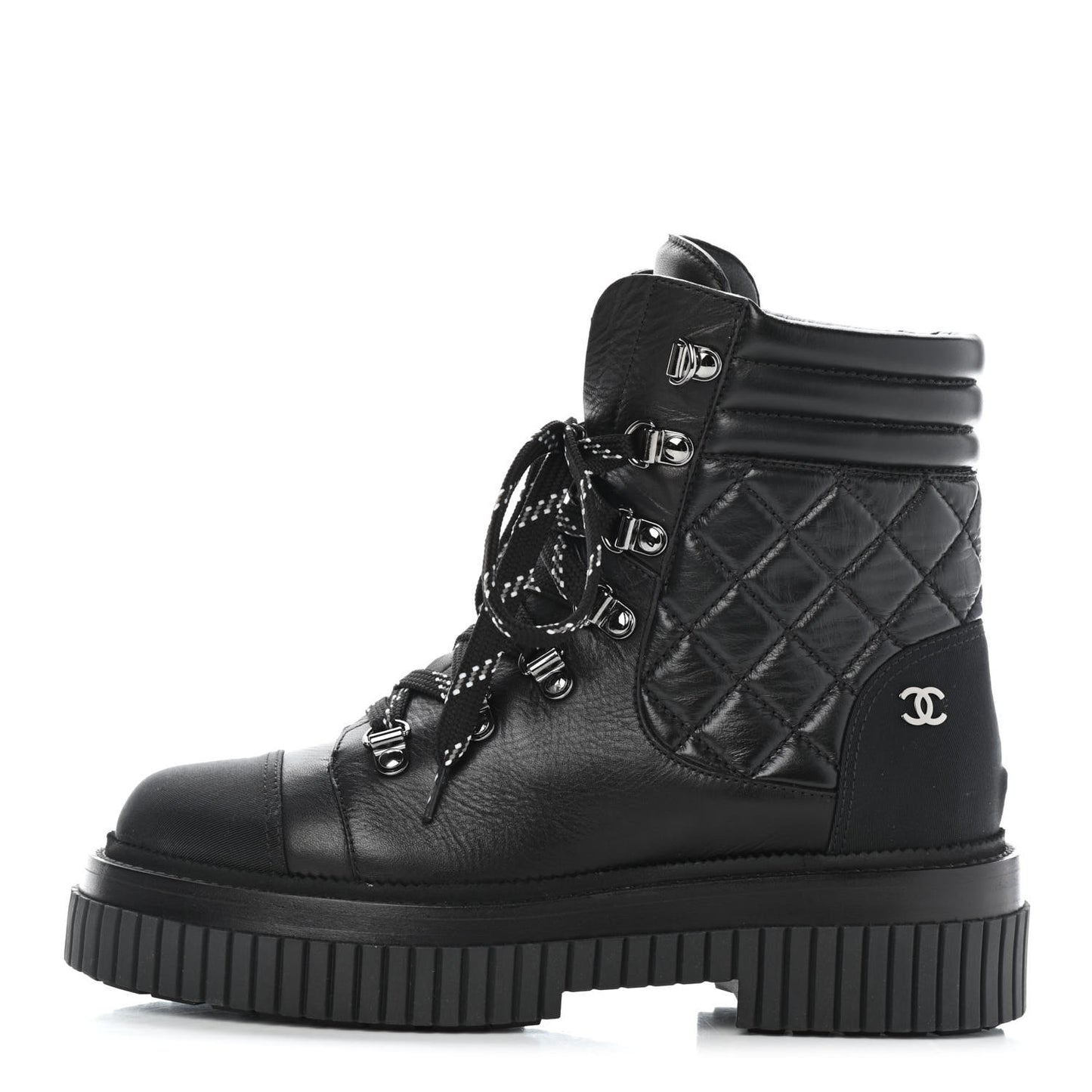 Calfskin Grosgrain Quilted Lace Up Boots 36.5 Black Grey