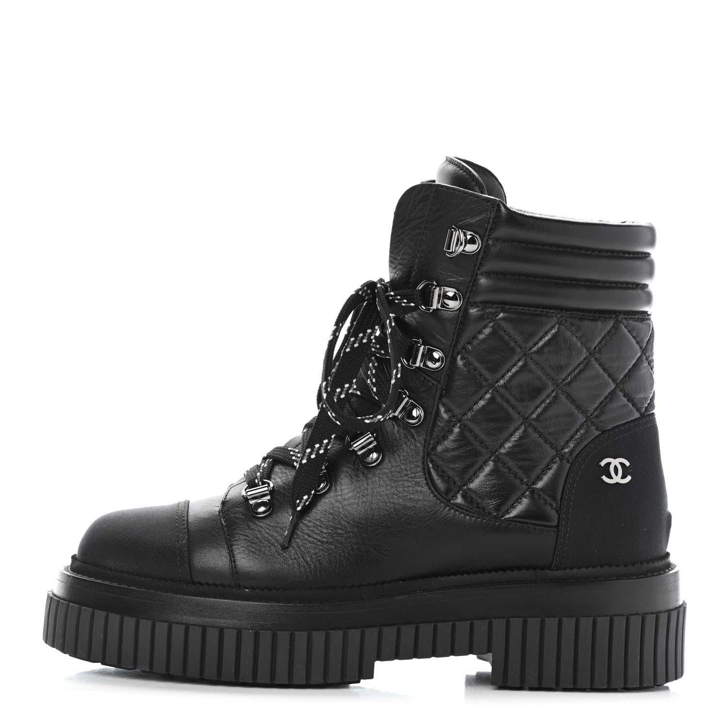 Chanel Calfskin Grosgrain Quilted Lace Up Boots 36.5 Black Grey 1 of 4