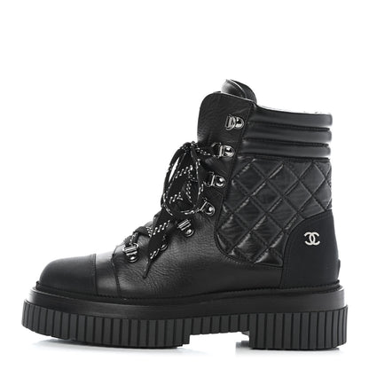 Chanel Calfskin Grosgrain Quilted Lace Up Boots 36.5 Black Grey 1 of 4