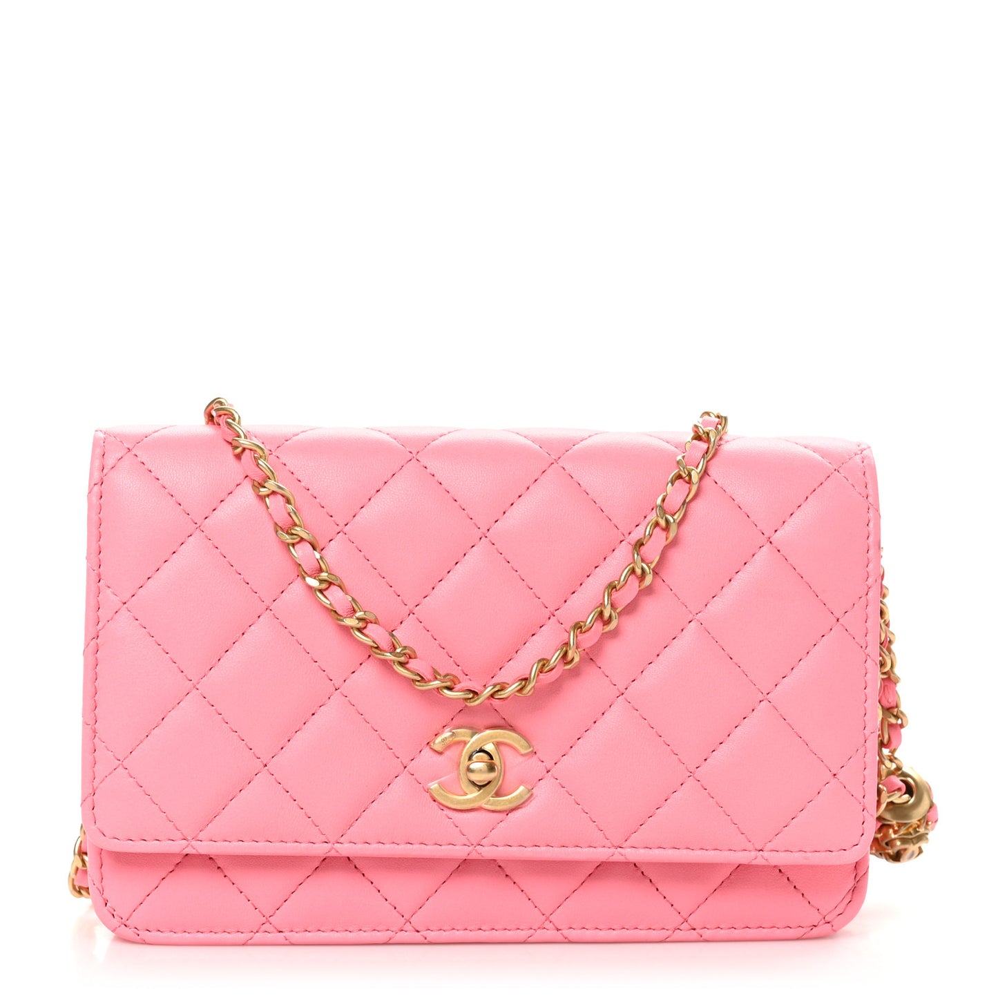 Lambskin Quilted CC Pearl Crush Wallet on Chain WOC Pink