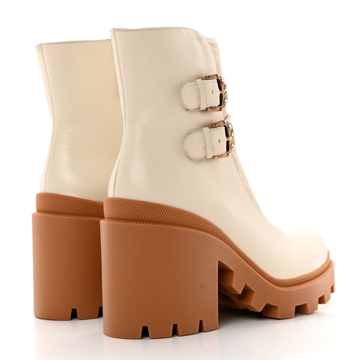 Kensington Calfskin Nappa GG Supreme Monogram Womens Double Buckle Ankle Boots 41.5 Mystic White Beige