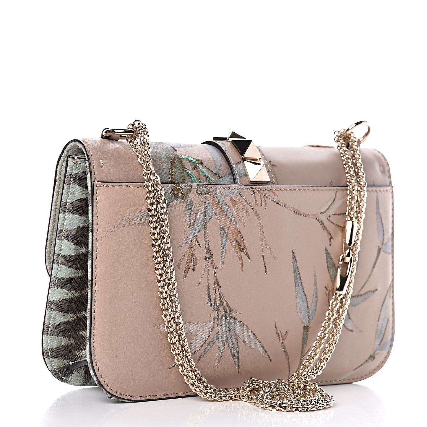 Vitello Embroidered Medium Glam Lock Rockstud Flap Beige