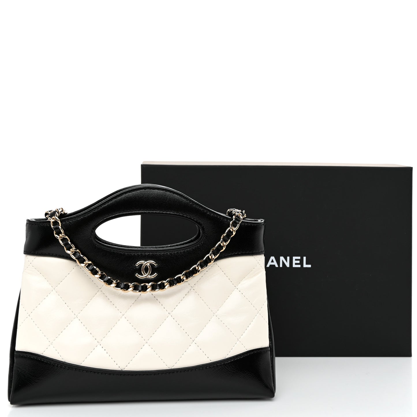 Shiny Crumpled Calfskin Quilted Nano 31 Shopping Bag White Black