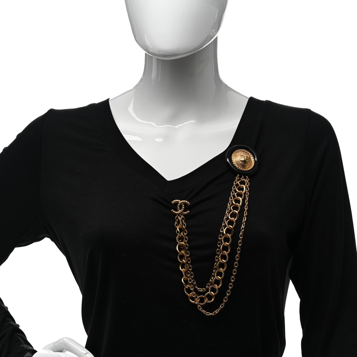 Chanel Metal Resin CC Medallion Multi Strand Long Chain Brooch Gold Black 2 of 4