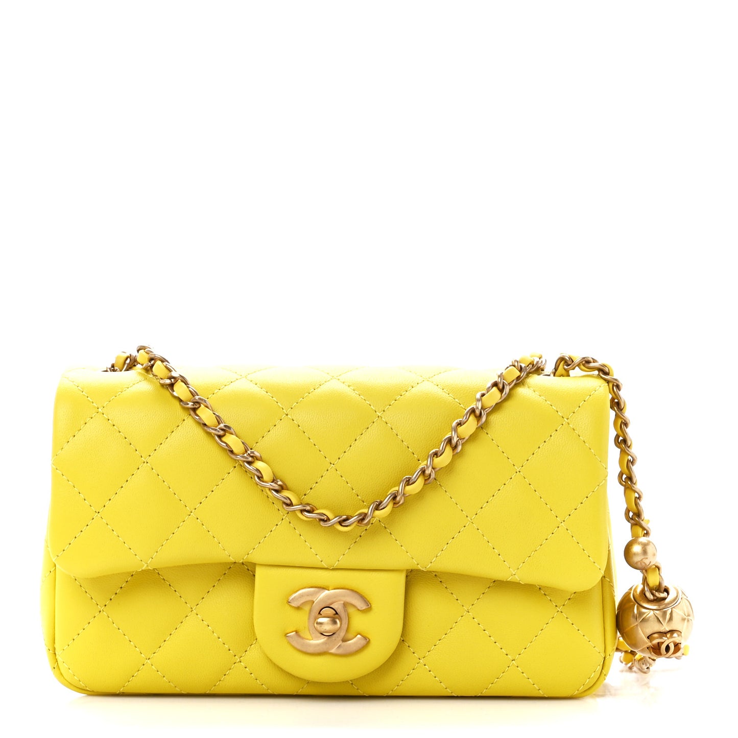 Lambskin Quilted Mini Rectangular Pearl Crush Flap Yellow