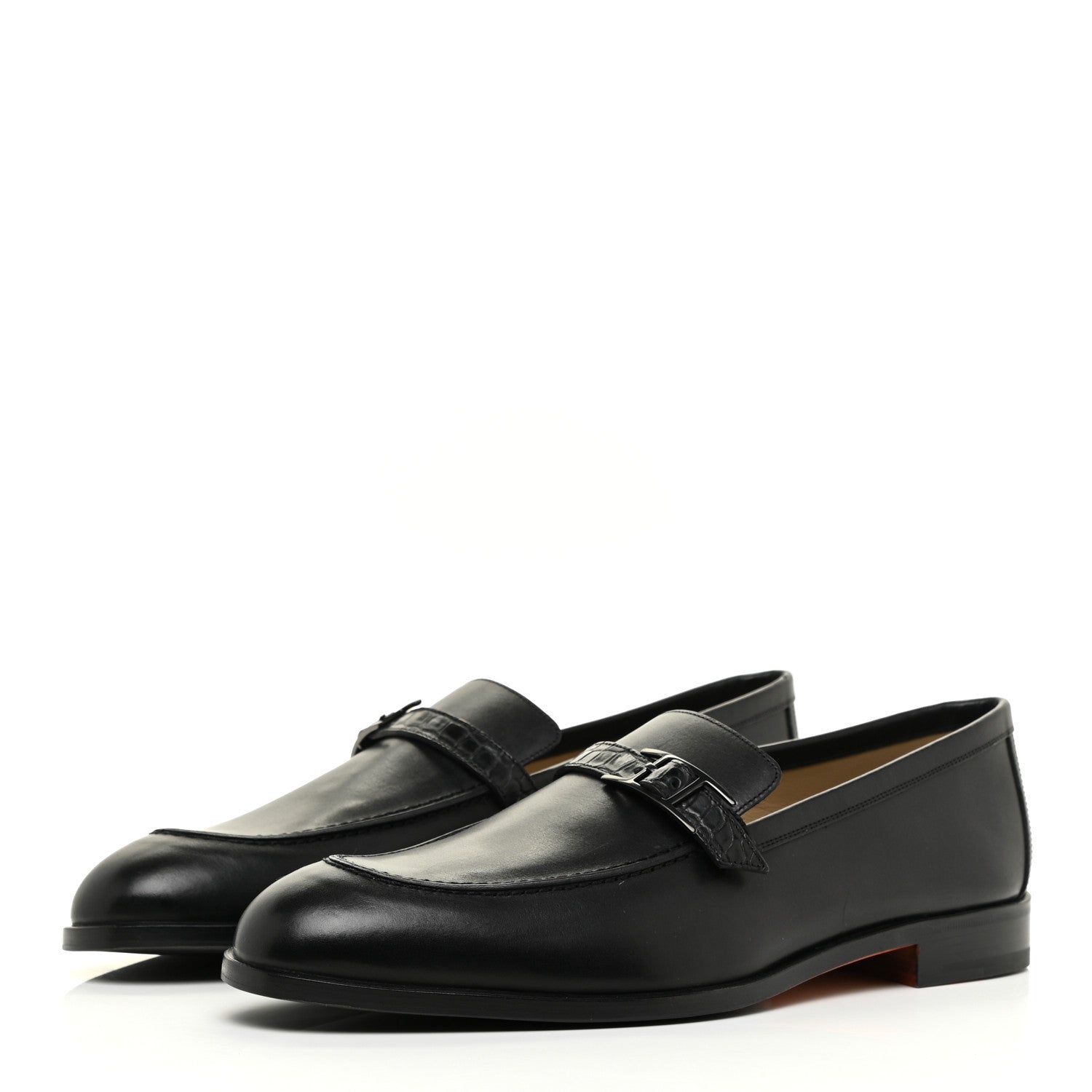 Hermes Calfskin Shiny Alligator Mens Monterey Loafers 44 Black 3 of 13