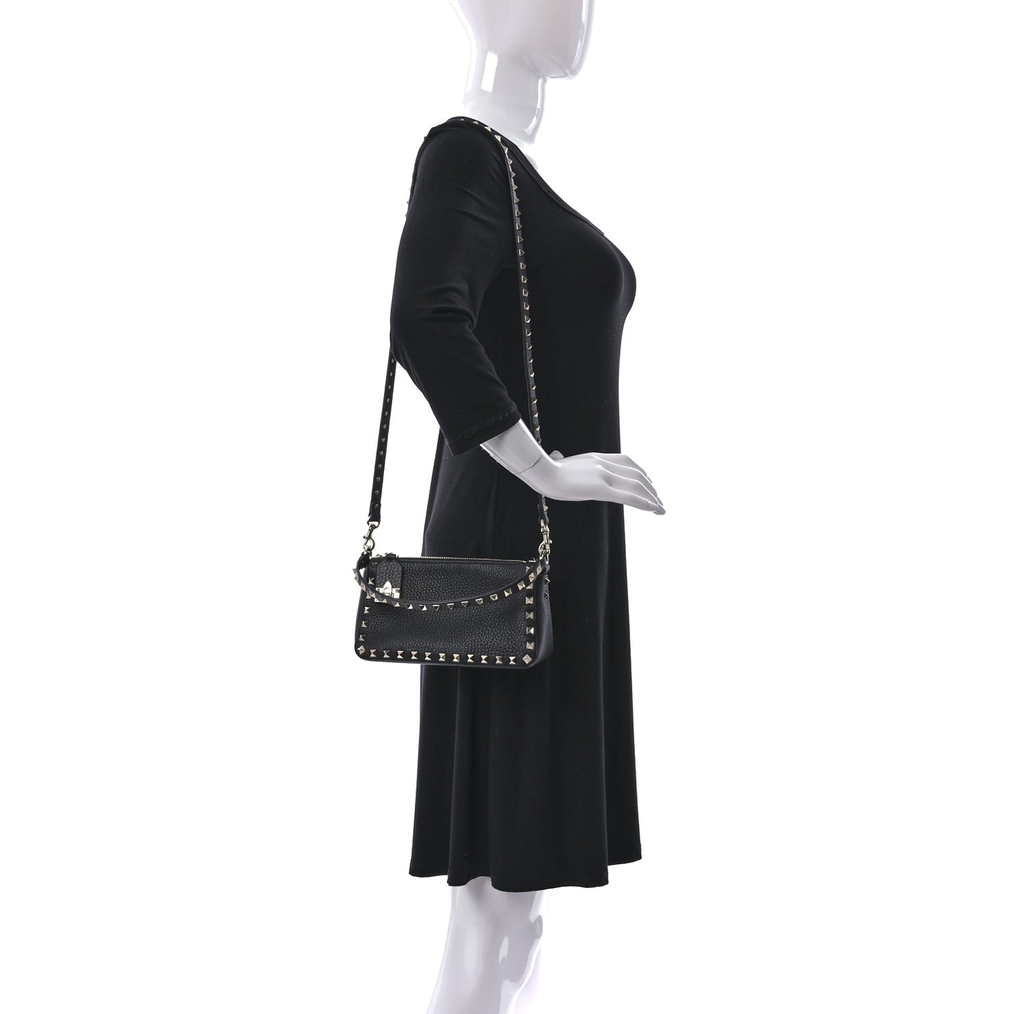 Grained Calfskin Small Rockstud Crossbody Bag Black