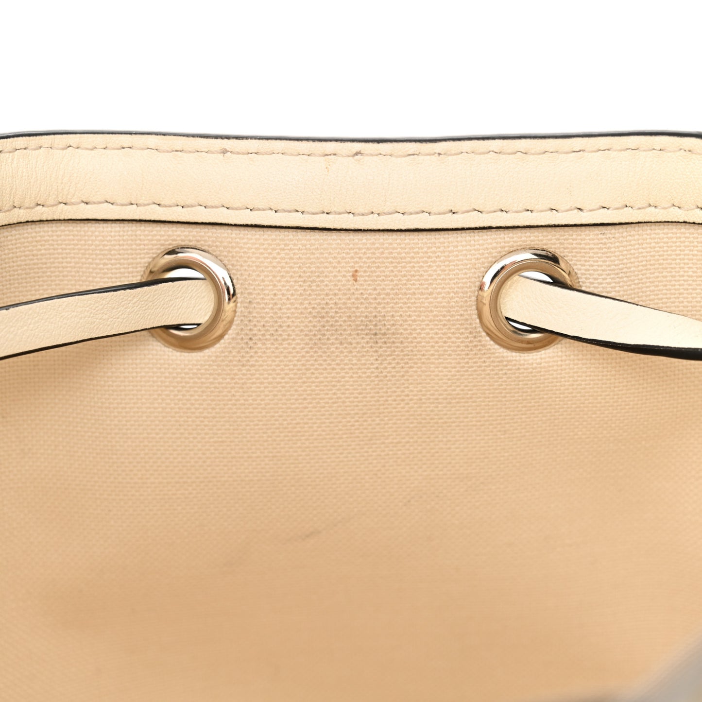 Metallic Boucle Raffia Calfskin Rockstud Drawstring Bucket Bag Ivory Gold