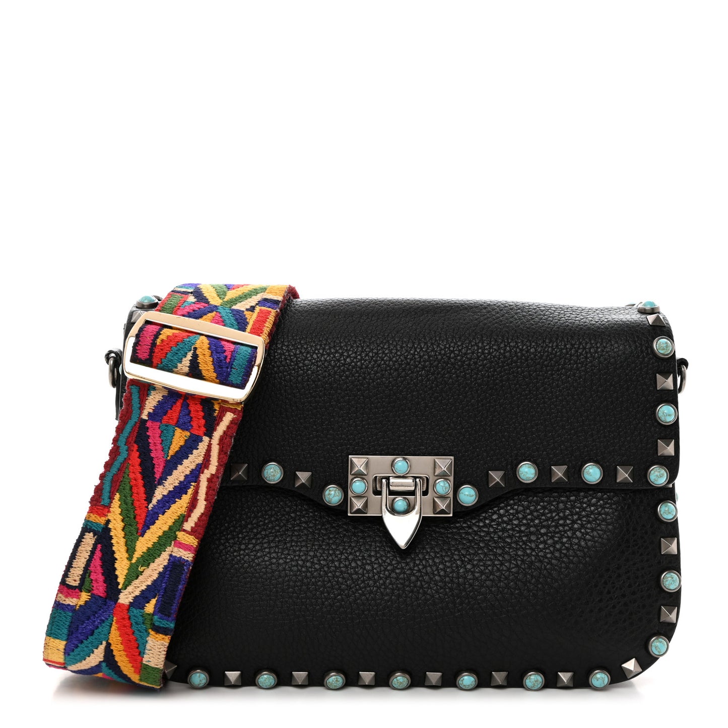 Pebbled Calfskin Turquoise Medium Guitar Strap Rockstud Rolling Flap Saddle Bag Black