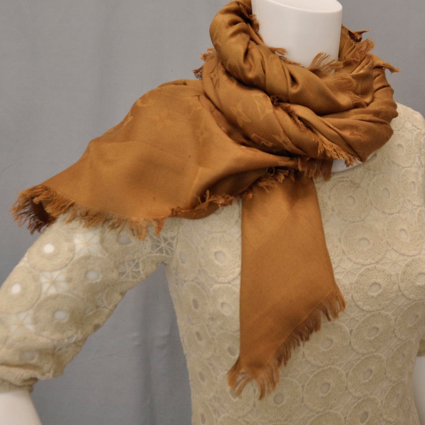 Wool Silk Monogram Shawl Camel