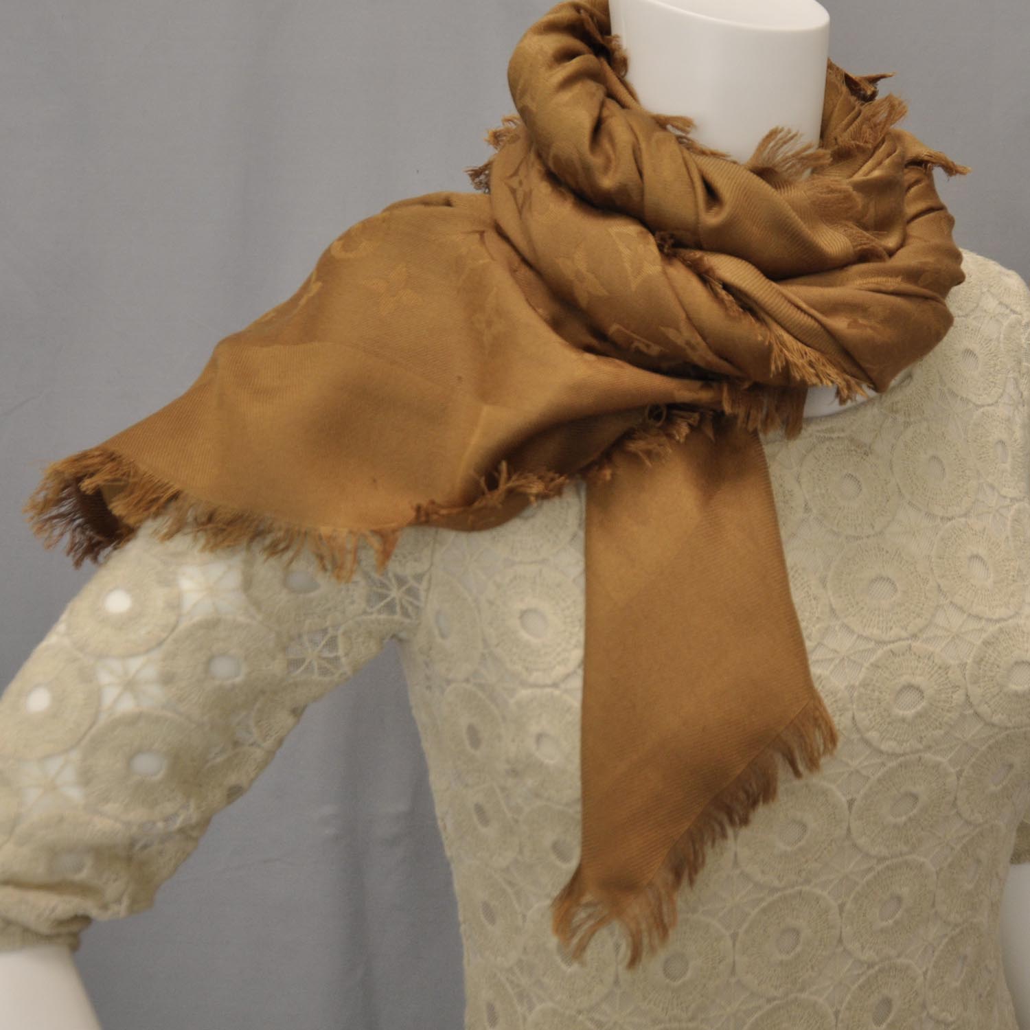 Louis Vuitton Wool Silk Monogram Shawl Camel 2 of 3