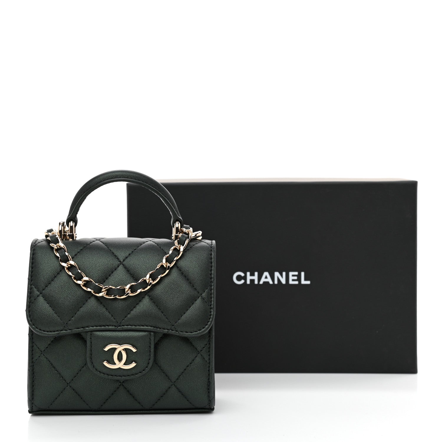 Chanel Iridescent Lambskin Quilted Top Handle Flap Clutch With Chain Dark Green 11 of 11