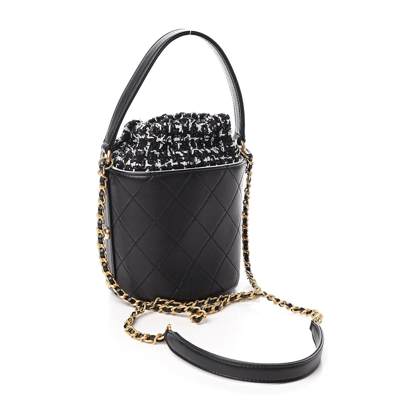 Calfskin Tweed Small CC Chain Bucket Drawstring Bag Black Multicolor