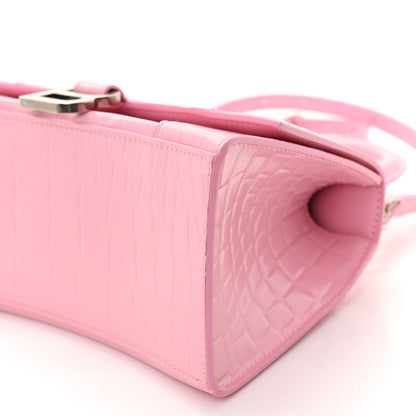 Balenciaga Semi Shiny Calfskin Crocodile Embossed Small Hourglass Top Handle Bag Pink 9 of 10