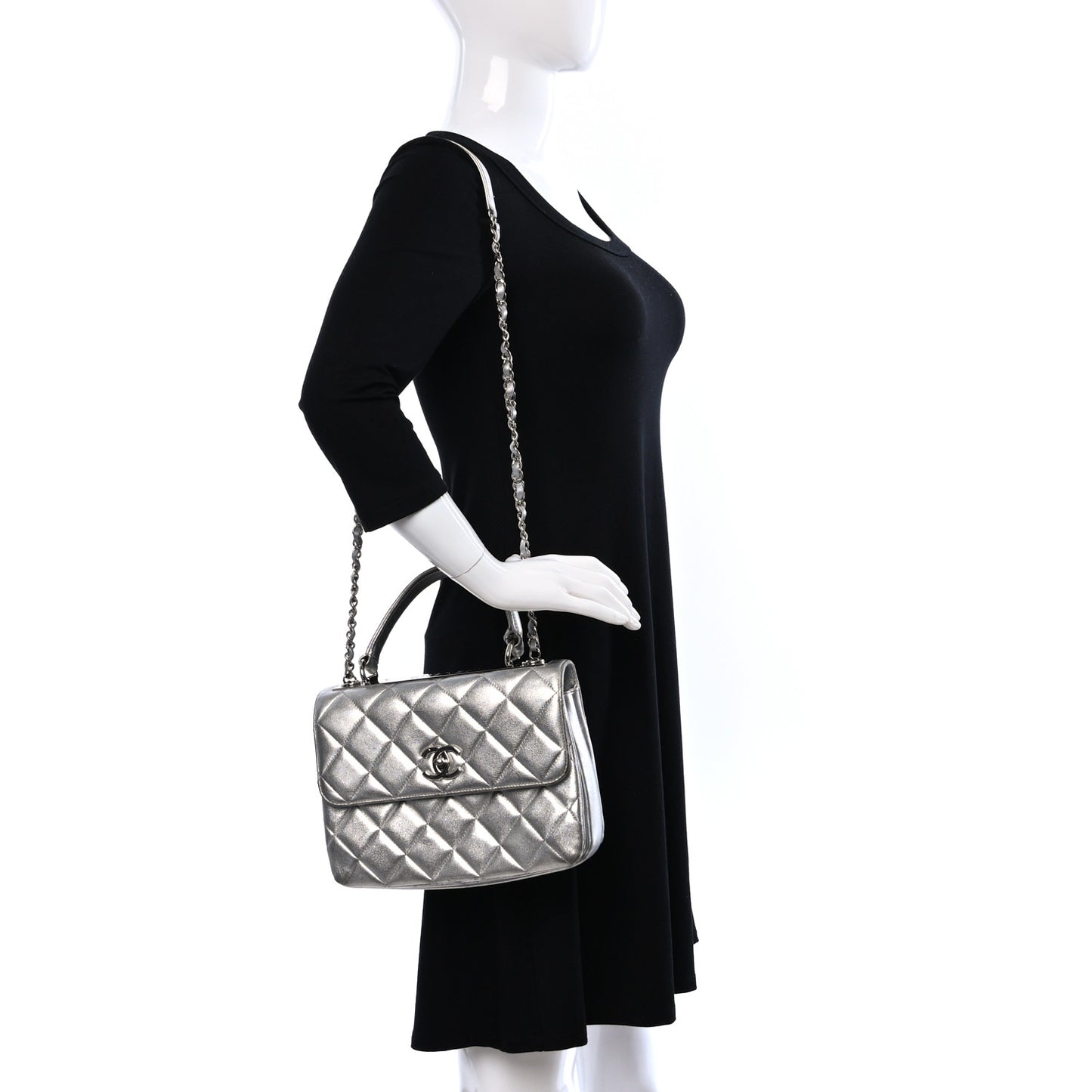 Metallic Lambskin Quilted Small Trendy CC Flap Dual Handle Bag Silver