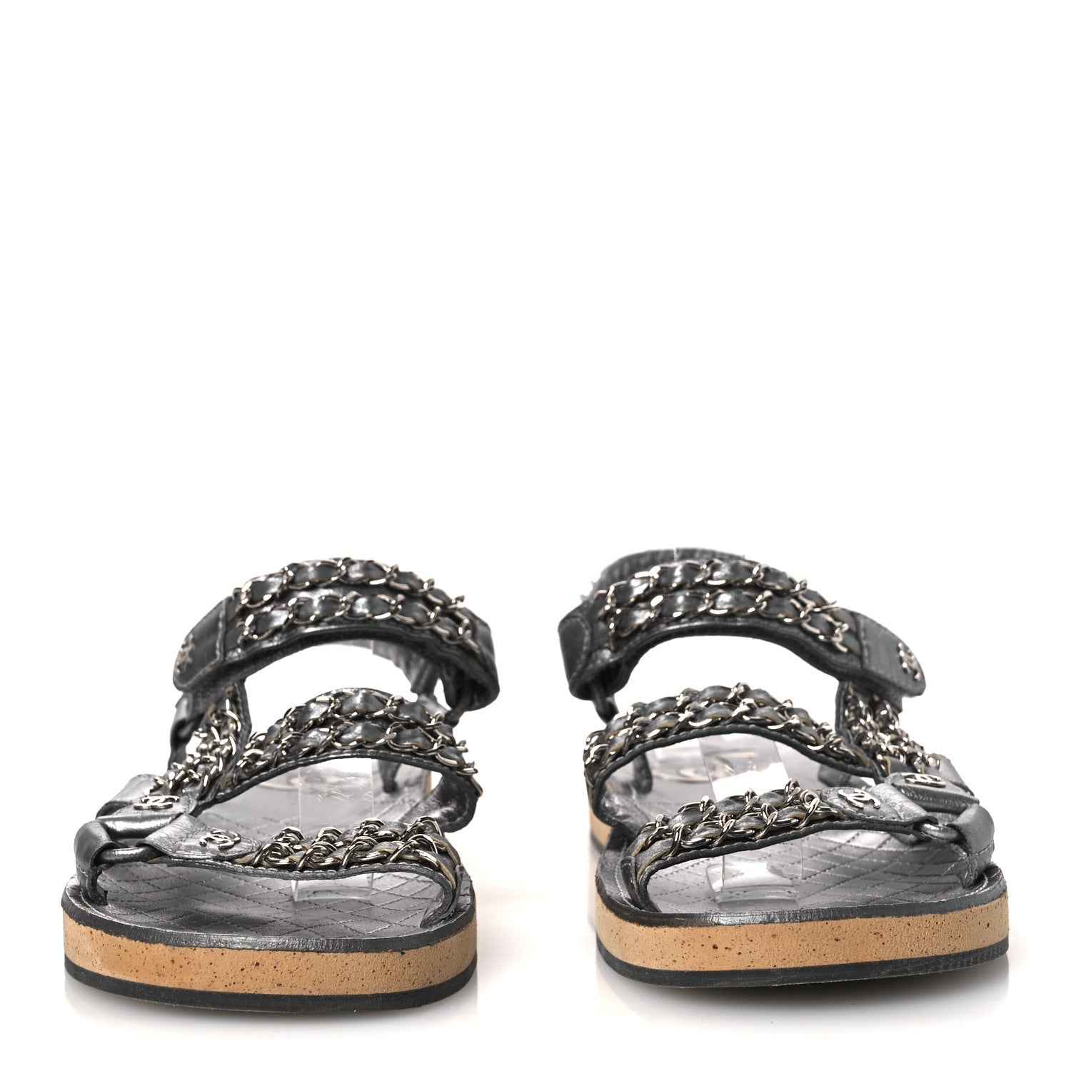 Chanel Metallic Laminated Goatskin Chain Flat Sandals 39 Dark