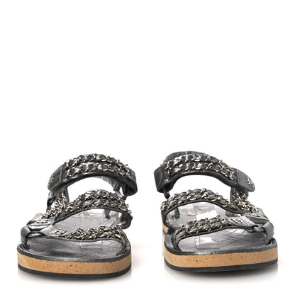 Chanel Metallic Laminated Goatskin Chain Flat Sandals 39 Dark Silver 3 of 12