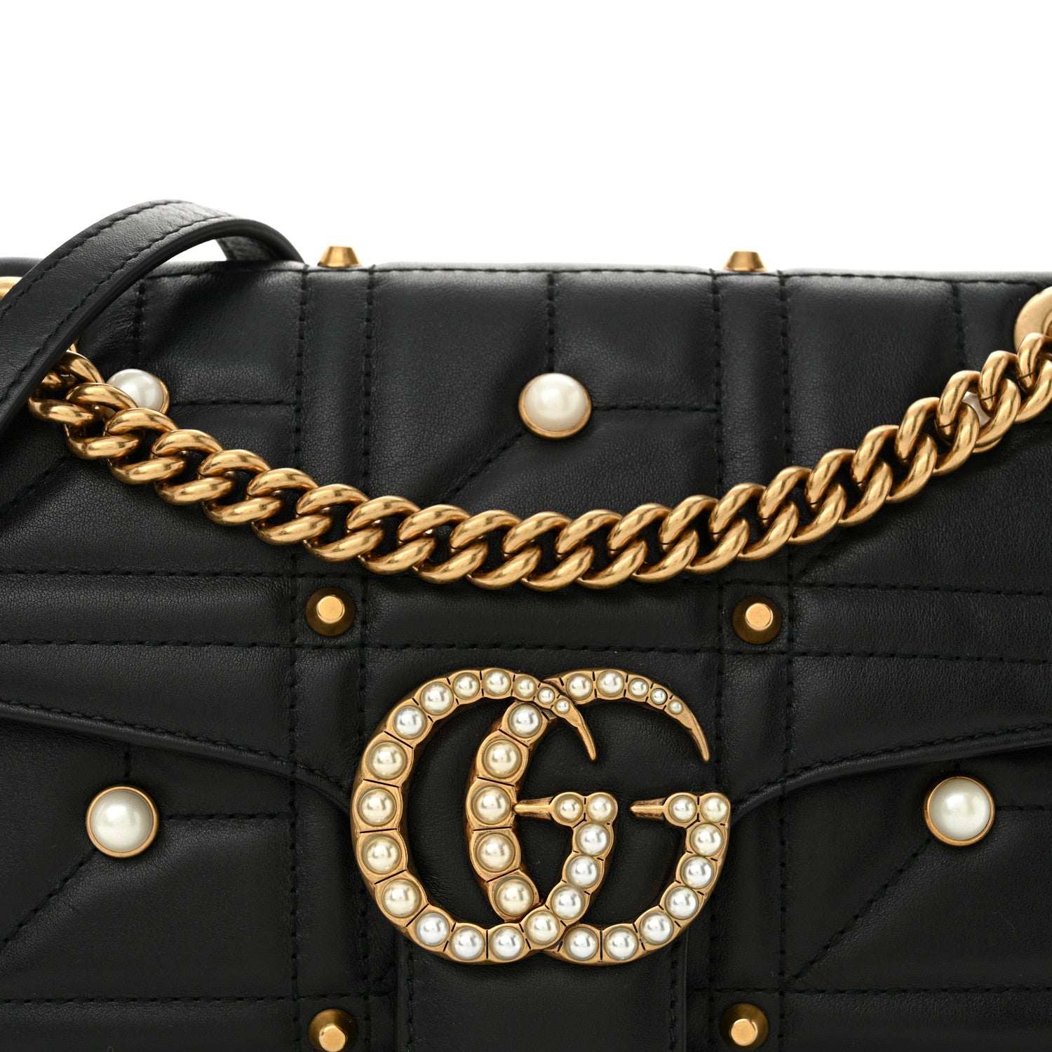 Gucci Calfskin Matelasse Studded Small Pearly GG Marmont Shoulder Bag Black 8 of 10