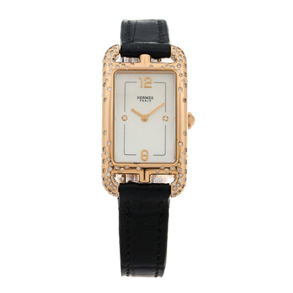 Hermes 18K Rose Gold Alligator Diamond Mother of Pearl 20mm Nantucket Quartz Watch Noir 1 of 5