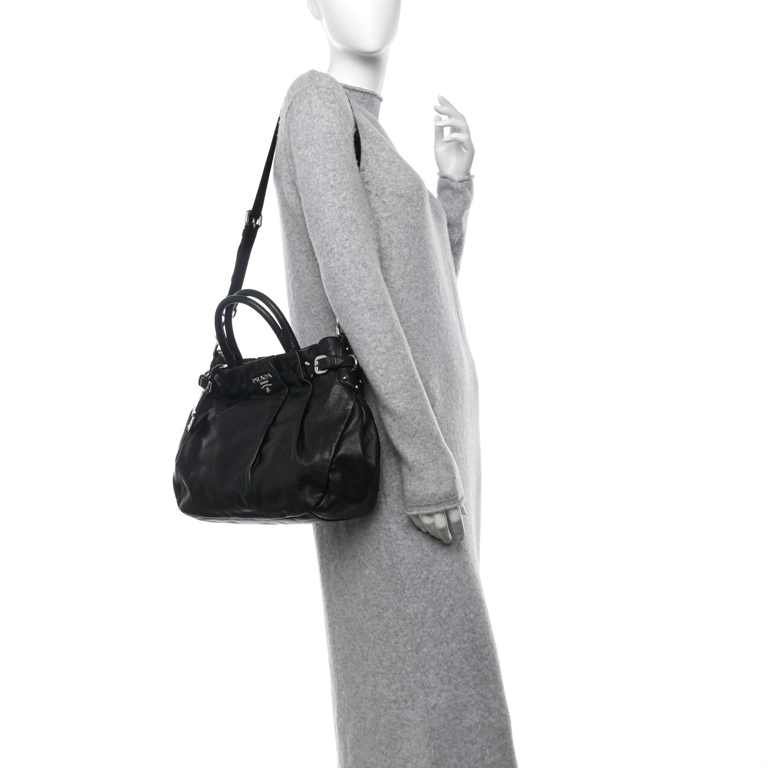 Prada Soft Calfskin Pleated Shoulder Bag Black 2 of 10