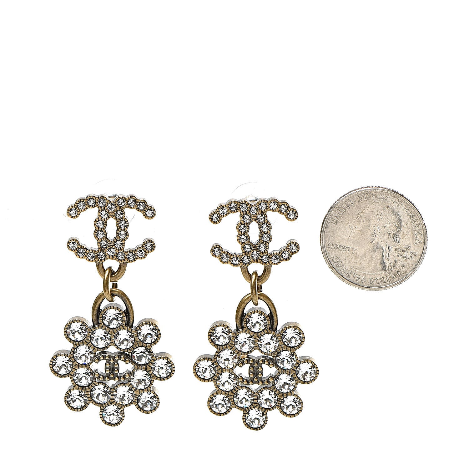 Chanel Crystal Strass CC City of Lights Cluster Dangle Earrings Gold 2 of 5