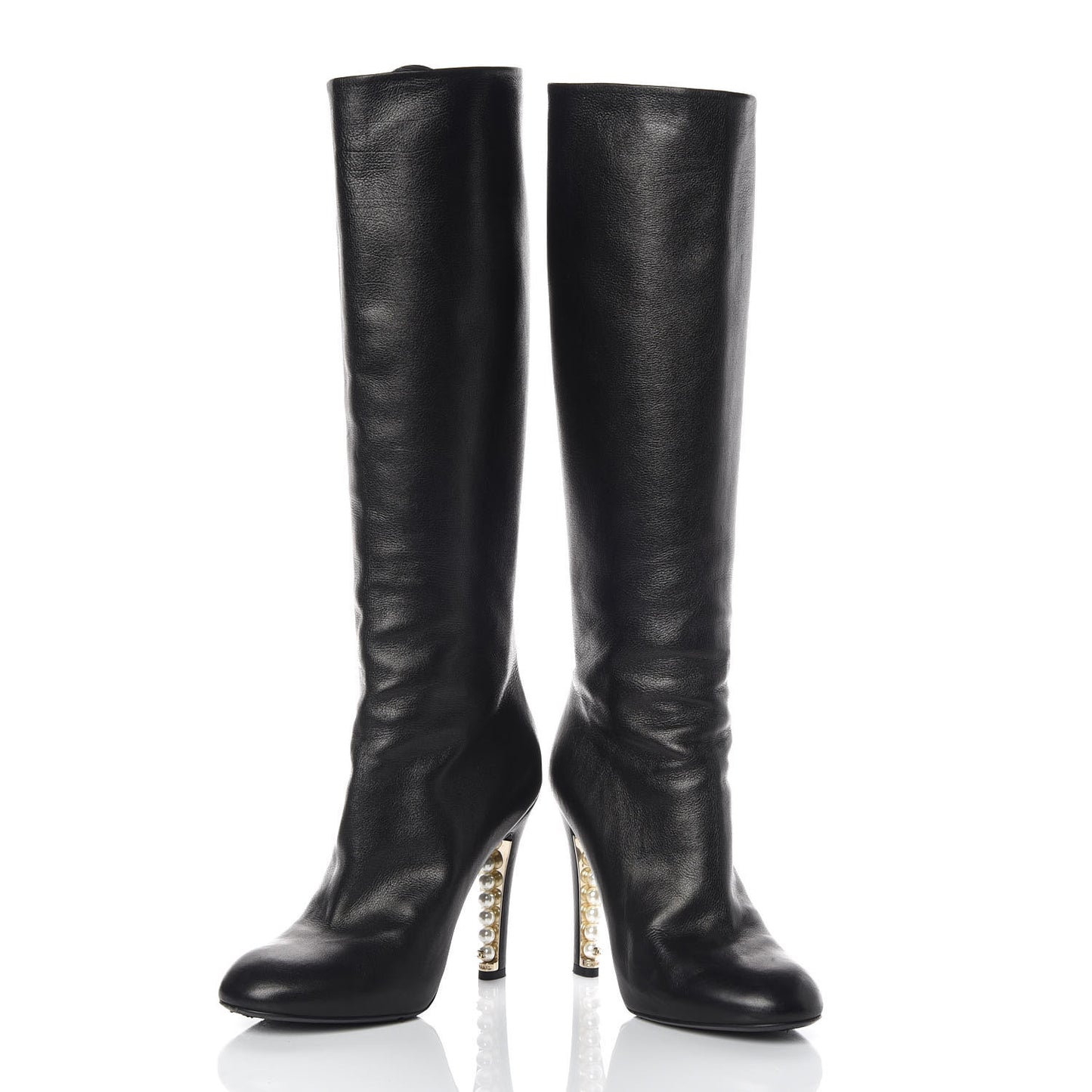 Calfskin Pearl Knee High Boots 38 Black