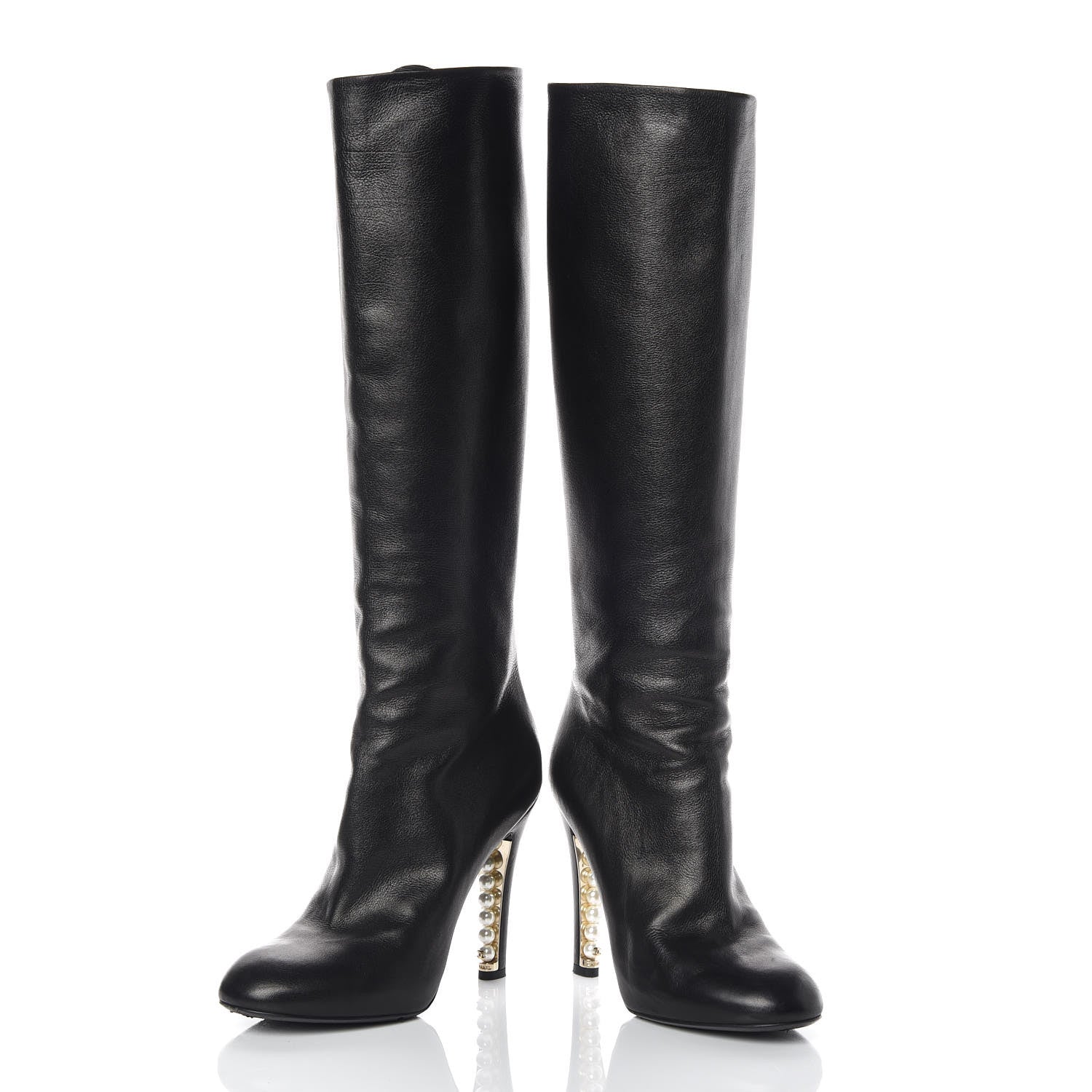 Chanel Calfskin Pearl Knee High Boots 38 Black 8 of 8
