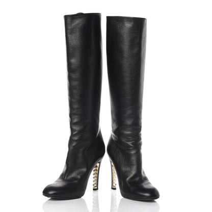 Chanel Calfskin Pearl Knee High Boots 38 Black 8 of 8