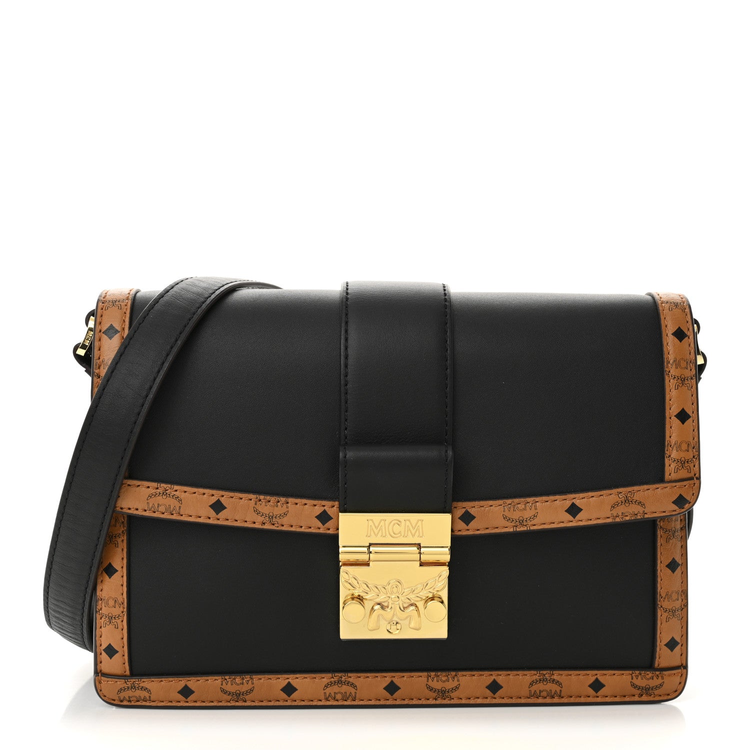 MCM Calfskin Visetos Monogram Studded Tracy Crossbody Bag Black Cognac 1 of 10