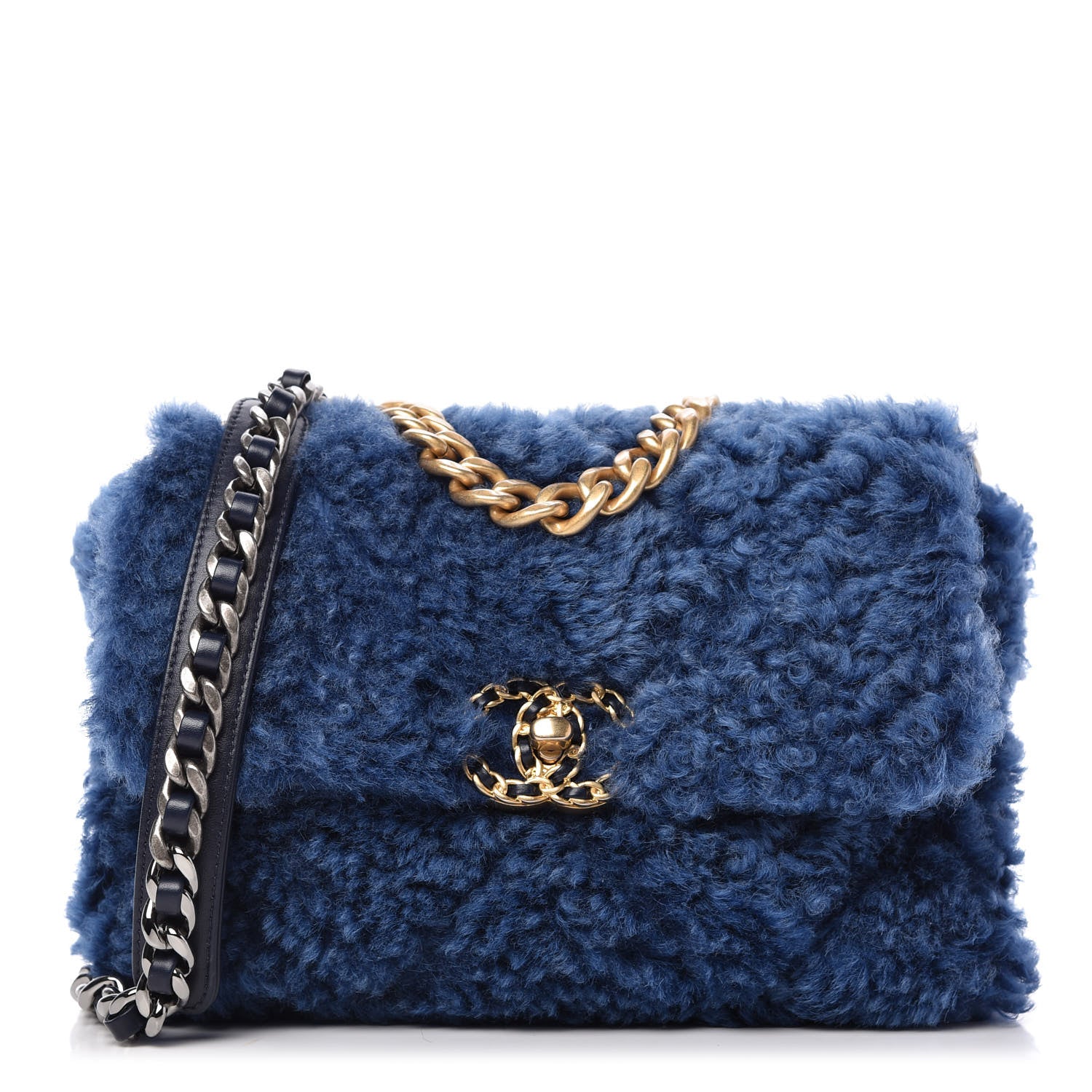 Chanel Shearling Sheepskin Medium 19 Flap Blue 1 of 10