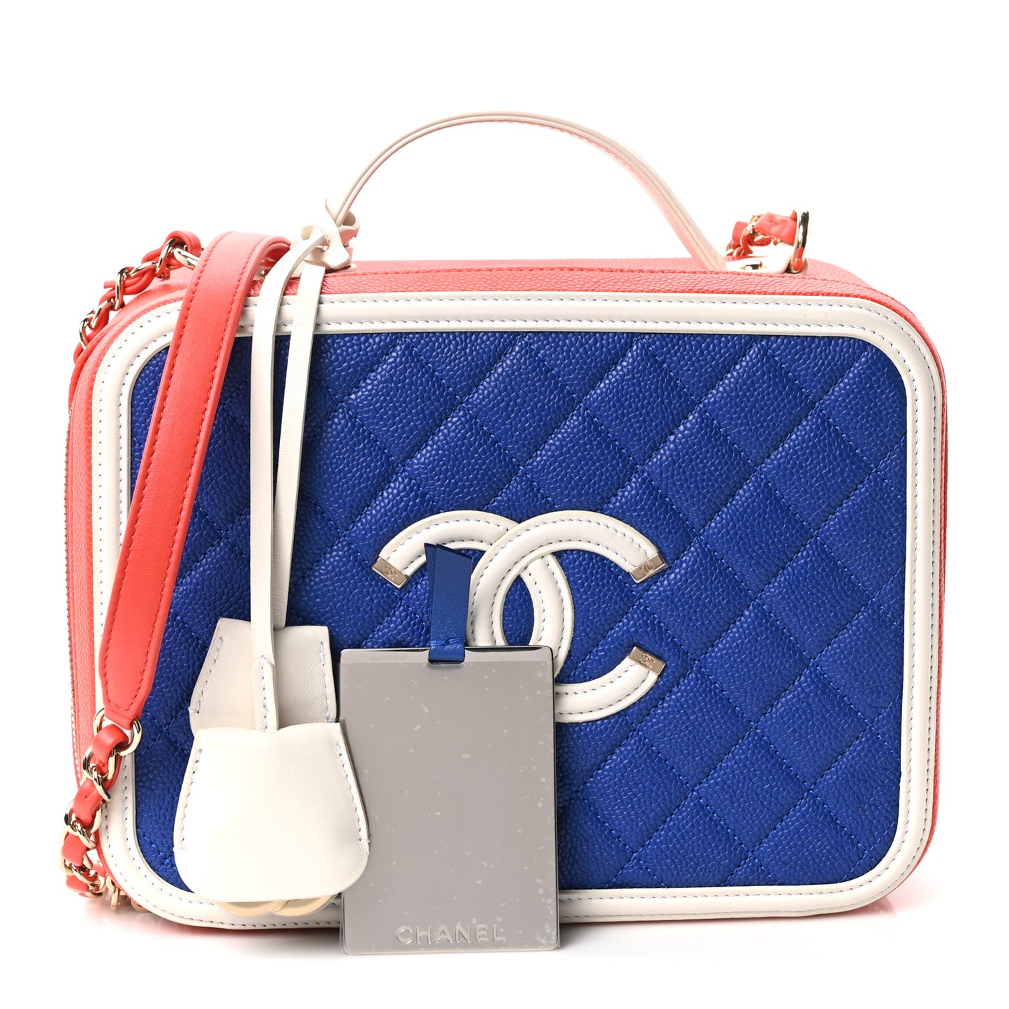 Caviar Quilted Large CC Filigree Vanity Case Blue White Red
