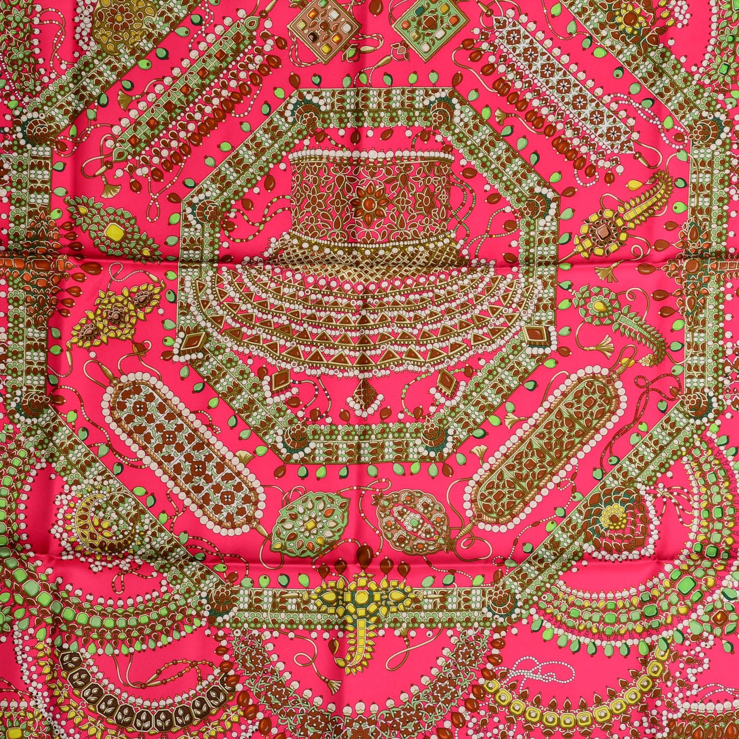 Hermes Silk Parures Des Maharajas Scarf 90 Rose Indien Kaki Chartreuse 1 of 6